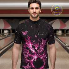 Load image into Gallery viewer, Male model wearing a black and pink bowling quarter-zip shirt at the lane with cosmic flaming strike artwork.