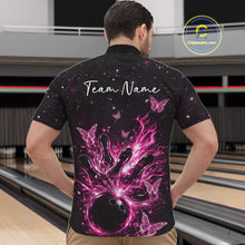 Load image into Gallery viewer, Front view of a male model in a black and pink bowling quarter-zip shirt featuring glowing butterflies and pins.