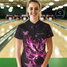 Load image into Gallery viewer, Female model in a black and pink bowling quarter-zip shirt at the bowling lane with glowing butterfly strike artwork.