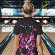 Load image into Gallery viewer, Back view of a female model wearing a black and pink bowling quarter-zip shirt with cosmic bowling graphics.