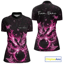 Load image into Gallery viewer, Front and back views of a black and pink womens bowling quarter-zip shirt featuring cosmic flaming bowling ball and glowing butterflies.