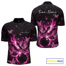 Load image into Gallery viewer, Front and back views of a black and pink mens bowling quarter-zip shirt with flaming bowling ball, pins, and glowing butterflies.