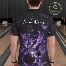 Load image into Gallery viewer, Back view of a male model in a black and purple bowling polo shirt showcasing glowing butterfly bowling artwork.