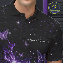 Load image into Gallery viewer, Close-up left chest detail of a black and purple bowling polo shirt featuring cosmic flaming strike accents.
