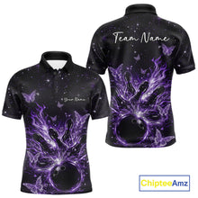 Load image into Gallery viewer, Front and back views of a black and purple mens bowling polo shirt with flaming bowling ball, glowing butterflies, and cosmic background.
