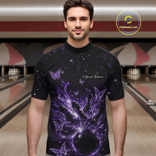 Load image into Gallery viewer, Male model in a black and purple bowling quarter-zip shirt at the lane with cosmic bowling strike graphics.