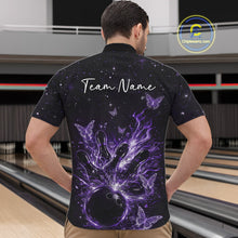 Load image into Gallery viewer, Front view of a male model wearing a black and purple bowling quarter-zip shirt with glowing butterfly bowling artwork.