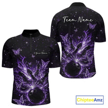 Load image into Gallery viewer, Front and back views of a black and purple mens bowling quarter-zip shirt featuring flaming bowling ball, glowing butterflies, and cosmic background.
