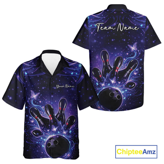 Front and back views of a blue and purple button-up bowling shirt featuring glowing butterflies around bowling ball and pin artwork.
