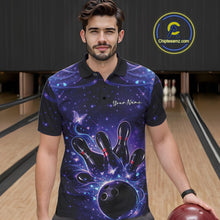Load image into Gallery viewer, Male model wearing a blue and purple bowling polo shirt at the lane with luminous butterfly bowling artwork.