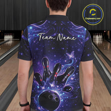 Load image into Gallery viewer, Back view of a male model in a blue and purple bowling polo shirt displaying glowing butterfly bowling graphics.