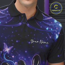 Load image into Gallery viewer, Left chest close-up of a blue and purple bowling polo shirt with glowing butterfly and bowling pin artwork.