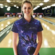 Load image into Gallery viewer, Female model wearing a blue and purple bowling polo shirt at the bowling lane with glowing butterfly bowling artwork.