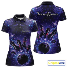 Load image into Gallery viewer, Front and back views of a blue and purple womens bowling polo shirt featuring a bowling ball, pins, and glowing butterflies.