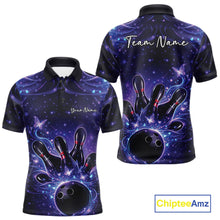 Load image into Gallery viewer, Front and back views of a blue and purple mens bowling polo shirt decorated with glowing butterflies, pins, and a bowling ball.