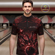 Load image into Gallery viewer, Male model wearing a black and red bowling quarter-zip shirt at the lane with glowing butterfly bowling motifs.