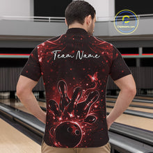 Load image into Gallery viewer, Front view of a male model in a black and red bowling quarter-zip shirt featuring ball and pin artwork.