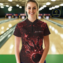 Load image into Gallery viewer, Female model wearing a black and red bowling quarter-zip shirt in a bowling venue with glowing butterfly and bowling-themed graphics.