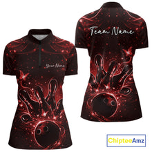 Load image into Gallery viewer, Front and back views of a womens black and red bowling quarter-zip shirt featuring a bowling ball, pins, and glowing butterflies.