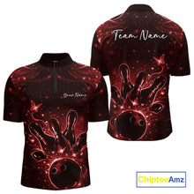 Load image into Gallery viewer, Front and back views of a black and red mens bowling quarter-zip shirt with glowing butterflies, bowling ball, and pins.