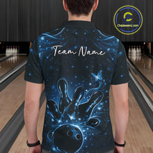 Load image into Gallery viewer, Back view of a male model in a black and blue bowling polo shirt showcasing ball, pin, and butterfly artwork.