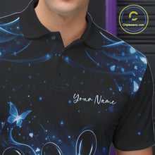 Load image into Gallery viewer, Left chest close-up of a black and blue bowling polo shirt featuring glowing butterflies and bowling graphics.