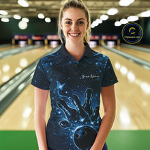 Load image into Gallery viewer, Female model wearing a black and blue bowling polo shirt at the lane with butterfly-accented bowling artwork.