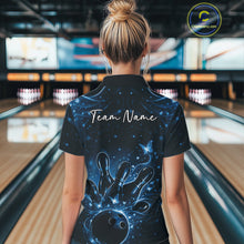 Load image into Gallery viewer, Back view of a female model in a black and blue bowling polo shirt featuring glowing bowling ball and pin graphics.
