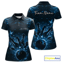 Load image into Gallery viewer, Front and back views of a black and blue womens bowling polo shirt decorated with glowing butterflies, pins, and a bowling ball.