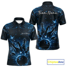 Load image into Gallery viewer, Front and back views of a black and blue mens bowling polo shirt featuring bowling pins, a ball, and glowing butterflies.