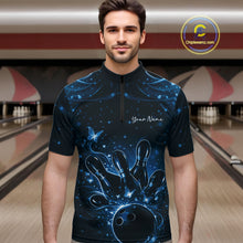 Load image into Gallery viewer, Male model wearing a black and blue bowling quarter-zip shirt at the lane with luminous butterfly bowling artwork.