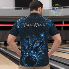 Load image into Gallery viewer, Front view of a male model in a black and blue bowling quarter-zip shirt with bowling ball and pin graphics.