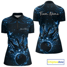 Load image into Gallery viewer, Front and back views of a womens black and blue bowling quarter-zip shirt decorated with glowing butterflies and bowling ball artwork.