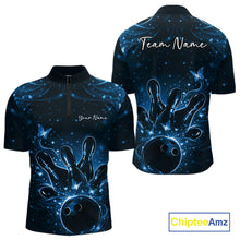Load image into Gallery viewer, Front and back views of a black and blue mens bowling quarter-zip shirt featuring glowing butterflies and bowling pins.