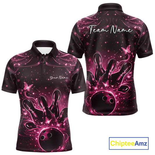 Front and back views of a black and pink mens bowling polo shirt with glowing butterflies around bowling pins and ball.