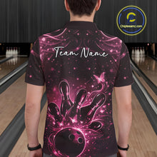 Load image into Gallery viewer, Back view of a male model wearing a black and pink bowling polo shirt with glowing butterfly accents.
