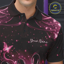 Load image into Gallery viewer, Close-up of the left chest on a black and pink bowling polo shirt with glowing ball and pin artwork.