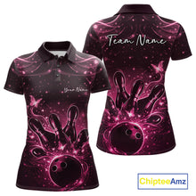 Load image into Gallery viewer, Front and back views of a black and pink womens bowling polo shirt featuring bowling pins, a ball, and glowing butterflies.