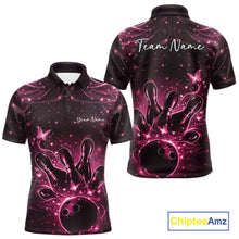 Load image into Gallery viewer, Front and back views of a black and pink mens bowling polo shirt with glowing butterflies around bowling pins and ball.