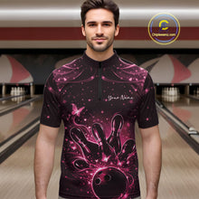 Load image into Gallery viewer, Male model in a black and pink bowling quarter-zip shirt at the lane with butterfly-accented bowling graphics.
