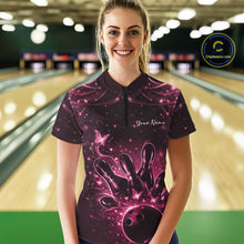 Load image into Gallery viewer, Female model in a black and pink bowling quarter-zip shirt wearing bowling-themed artwork with glowing butterflies at the lane.