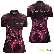 Load image into Gallery viewer, Front and back views of a womens black and pink bowling quarter-zip shirt featuring glowing butterflies around a bowling ball and pins.