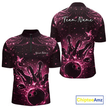 Load image into Gallery viewer, Front and back views of a black and pink mens bowling quarter-zip shirt with glowing butterflies around bowling pins and ball.