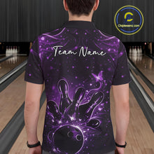 Load image into Gallery viewer, Back view of a male model in a black and purple bowling polo shirt displaying ball, pin, and butterfly graphics.