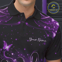 Load image into Gallery viewer, Left chest close-up of a black and purple bowling polo shirt featuring glowing butterfly bowling artwork.