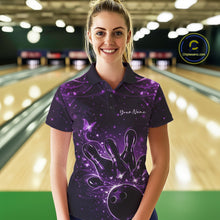 Load image into Gallery viewer, Female model wearing a black and purple bowling polo shirt at the lane with glowing butterfly bowling artwork.