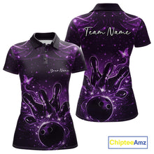 Load image into Gallery viewer, Front and back views of a black and purple womens bowling polo shirt with glowing butterflies around a bowling ball and pins.
