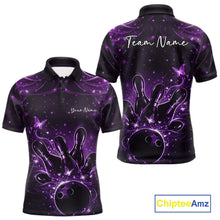 Load image into Gallery viewer, Front and back views of a black and purple mens bowling polo shirt with glowing butterflies around a bowling ball and pins.