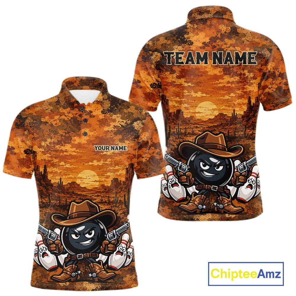 Custom Funny Western Cowboy Bowling Men Polo Shirts, Desert Camo Bowling Jerseys IPHW11638