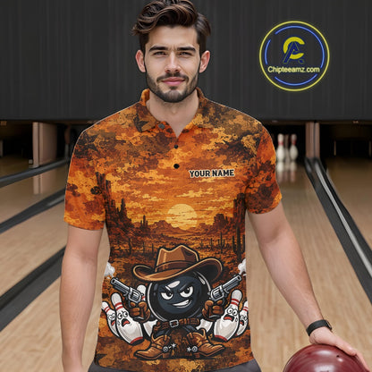 Custom Funny Western Cowboy Bowling Men Polo Shirts, Desert Camo Bowling Jerseys IPHW11638